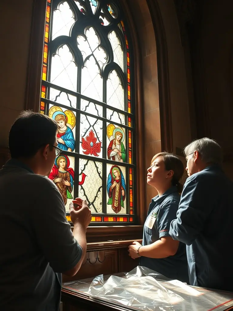 A photograph depicting volunteers cleaning and restoring a stained glass window at the Sainte Marie Madeleine church, showcasing the meticulous work involved in preserving the church's artistic elements.