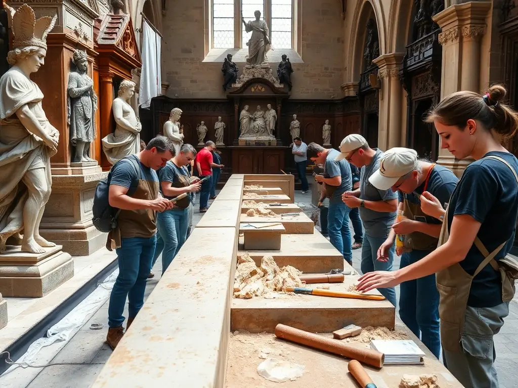 A photograph depicting volunteers cleaning and restoring a section of the church's interior, showcasing their dedication and the tangible impact of their efforts.