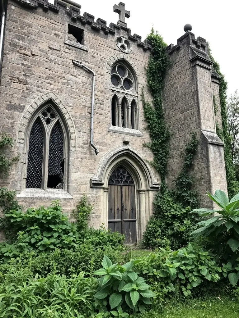 A high-quality photo depicting the exterior of the Sainte Marie Madeleine church before restoration efforts began, showcasing its original state and the need for preservation.