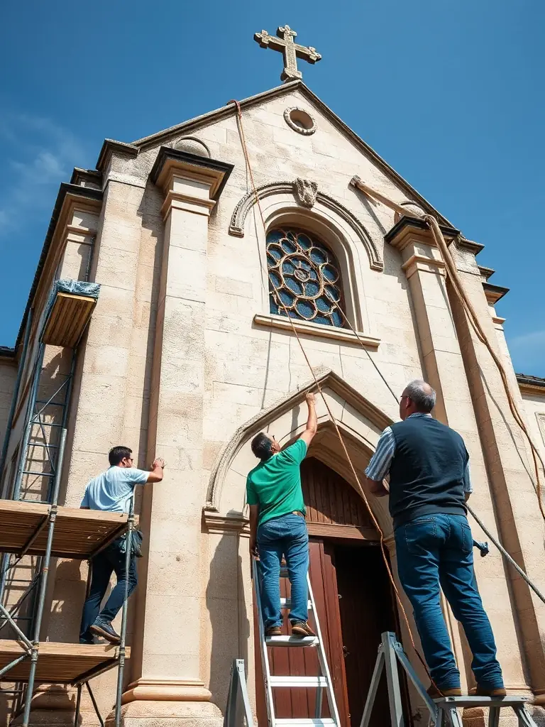 A photo showing volunteers and professionals working together to clean and repair the stonework of the church, emphasizing community involvement.