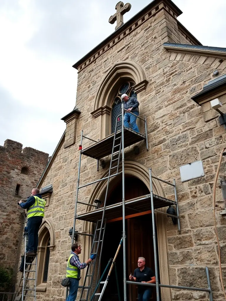 A photograph showing the exterior of the Sainte Marie Madeleine church with scaffolding, indicating ongoing structural repairs and preservation efforts.